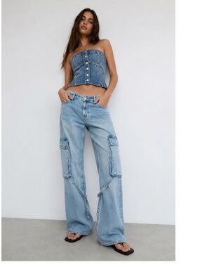 Zara Light Wash Y2K Wide Leg Cargo Jeans Utility Strap Blue Size 6